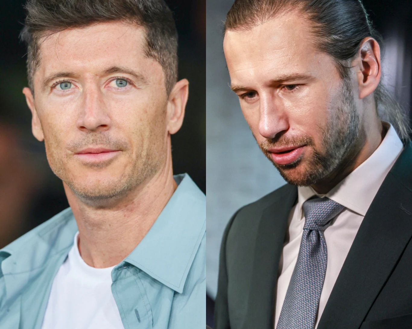 Robert Lewandowski zareagował na decyzję Grzegorza Krychowiaka Dwie osoby mężczyzn pokazane w zbliżeniu, po lewej stronie osoba w jasnoniebieskiej koszuli i białym t-shircie, o krótkich włosach i jasnych oczach, po prawej strony mężczyzna w garniturze z białą koszulą i krawatem, z dłuższymi zaczesanymi do tyłu wło...