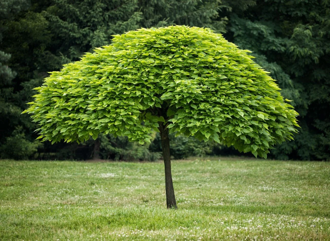 Surmia (katalpa) to typowa roślina o pokroju parasolowatym, dodatkowo nazywana jest drzewem tlenowym.