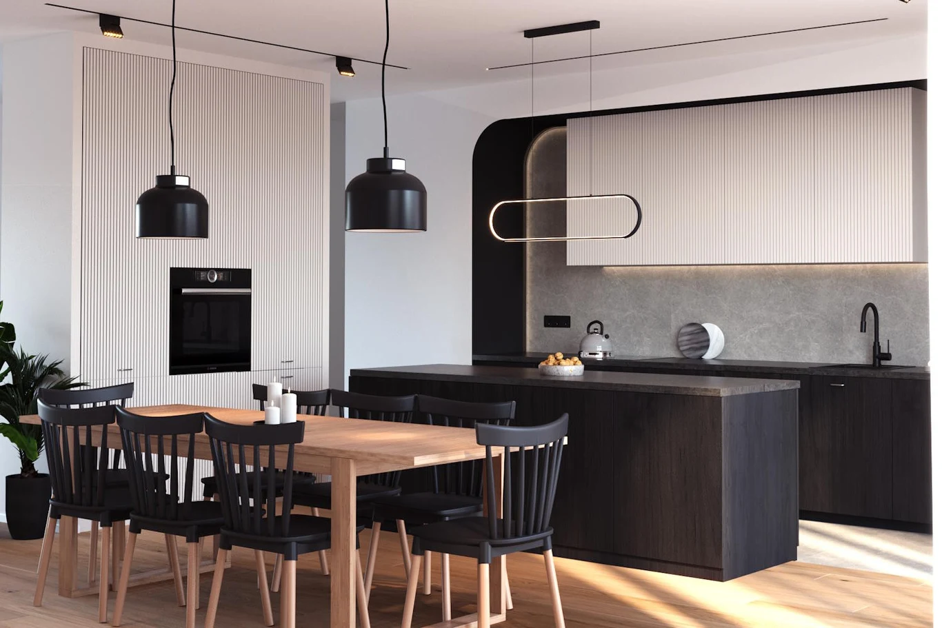 Ukryte systemy przechowywania i spójna kolorystyka sprawiają, że wnętrze wygląda harmonijnie