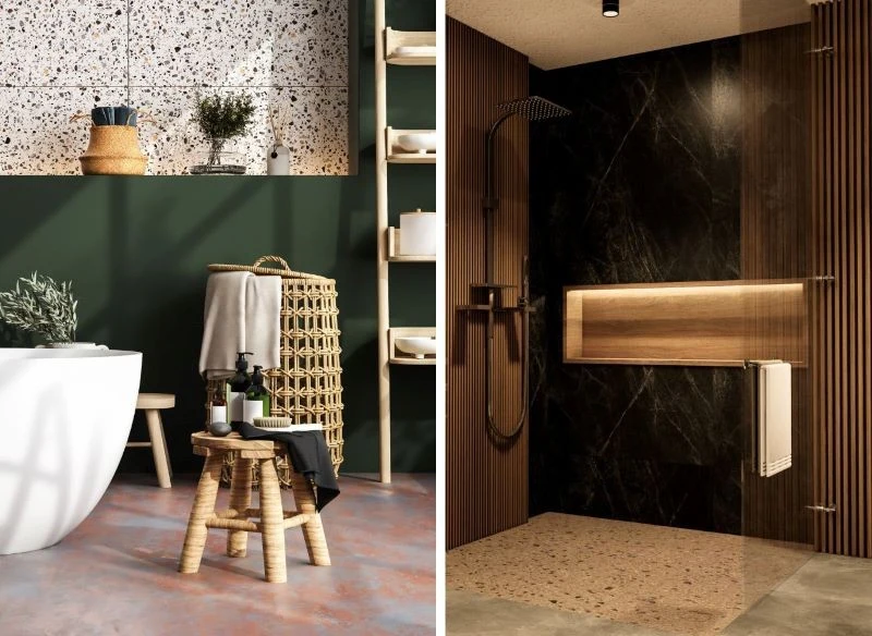 Drewno w projektach łazienek daje ciekawy efekt wykończeniowy, np