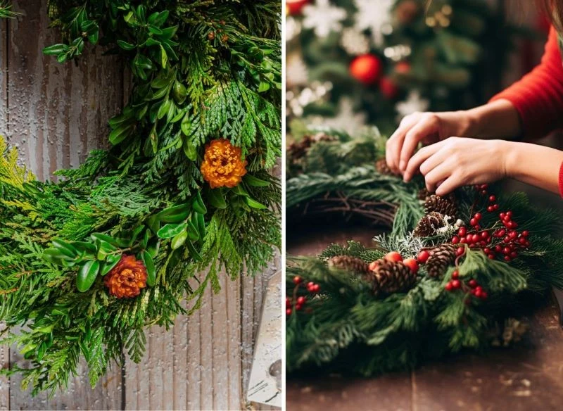 Dołożenie delikatnych ozdób zmieni jesienny wianek w bożonarodzeniową dekorację