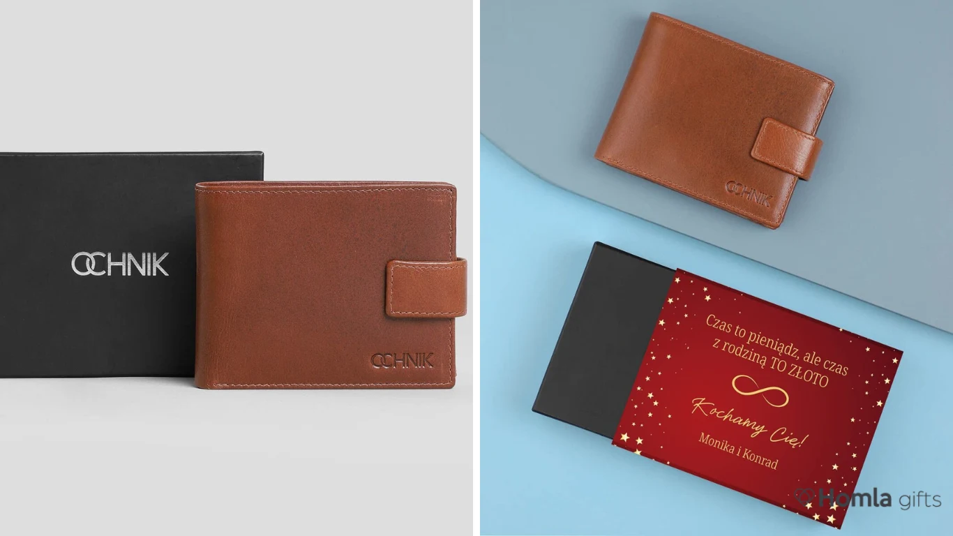 Dobrym prezentem świątecznym będzie  elegancki skórzany portfel w opakowaniu z nadrukiem