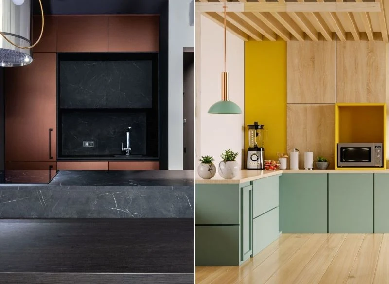 Ciekawie prezentuje się połączenie musztardowej żółci z zielenią i naturalnym drewnem, a także ciemnego tła z ciepłymi, ziemistymi frontami