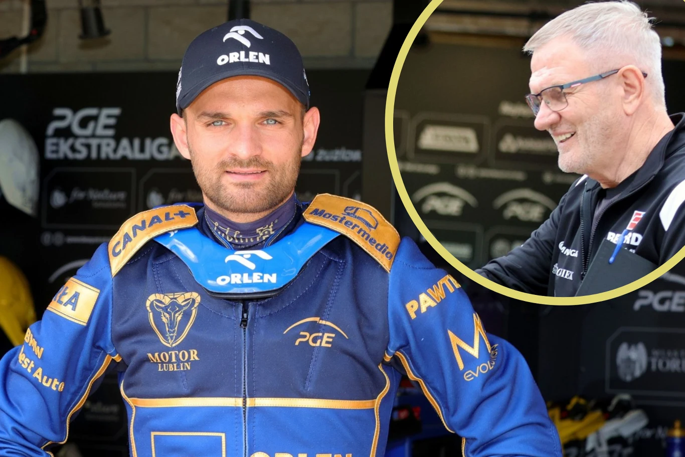 Żużlowiec w pełnym stroju ochronnym z logo sponsorów na tle boksu drużyny Motor Lublin, obok w okrągłym kadrze widoczny starszy mężczyzna w okularach, uśmiechnięty, ubrany w sportową odzież.