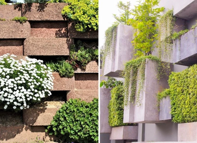 Nowoczesne gazony (wazony ogrodowe betonowe) można zestawiać ze sobą w formach trójwymiarowych ścian oraz artystycznie obsadzać rozmaitymi roślinami