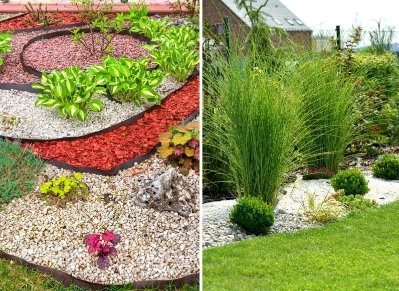 Pokrywa szamba zniknie zarówno w kolorowej kompozycji kamieni ozdobnych, jak i obsypana białymi otoczakami, tu i tam obsadzonymi zielonymi krzewami...