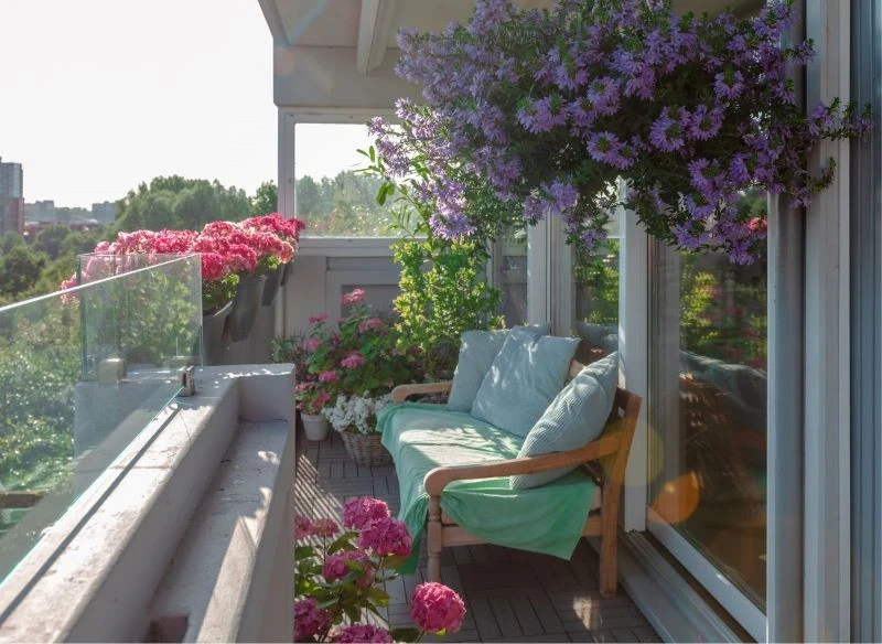 Liliowe i fioletowe scewole spływające ku ziemi z podwieszonej doniczki to wspaniały akcent dekoracyjny na mały balkon, na którym brakuje okazale r...