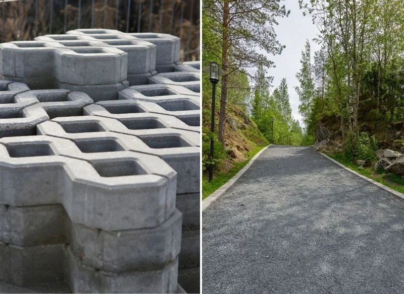 Użycie płyt ażurowych zapewnia dużą wytrzymałość podjazdu, z kolei wykończenie drobnym, ubitym kruszywem i zamknięcie linii drogi obrzeżami z beton...