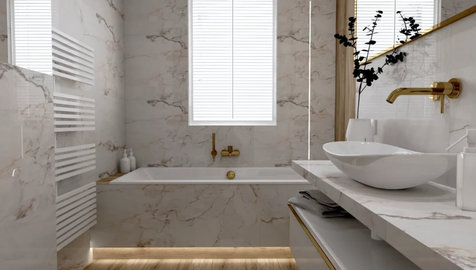 W łazience w stylu glamour wszystkie elementy powinny być wykonane z materiałów wysokiej jakości