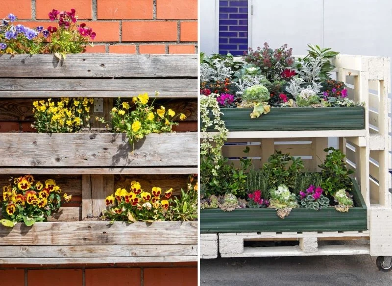 Kwietniki z palet można powiesić, przymocować do ściany lub wykonać je z kilku elementów, nadając przestrzenną formą np