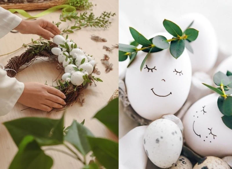 Białe pisanki z delikatną dekoracją, okolone gałązkami bukszpanu, mogą być wyłączną dekoracją wianka - w tym przypadku mniej naprawdę znaczy więcej
