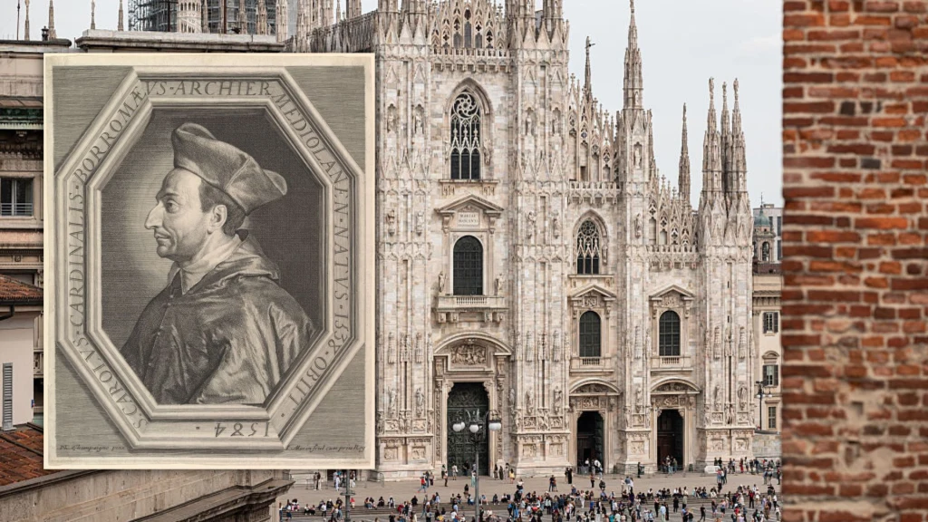 Św. Karol Boromeusz na tle Katedry Narodzin św. Marii w Mediolanie Św. Karol Boromeusz na tle Katedry Narodzin św. Marii w Mediolanie