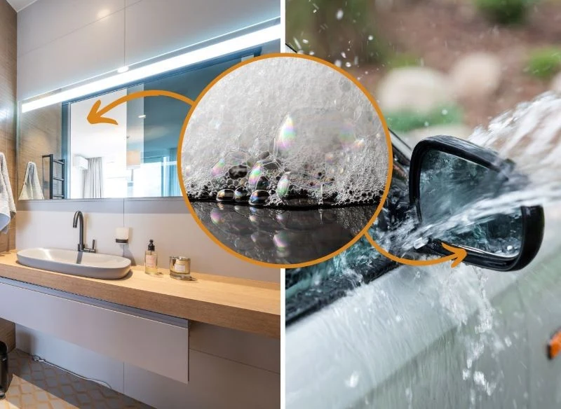 Woda z szamponem umyje lustro i lusterko, a sam kosmetyk po wypolerowaniu zabezpieczy przed parą i ułatwi utrzymanie tafli w czystości