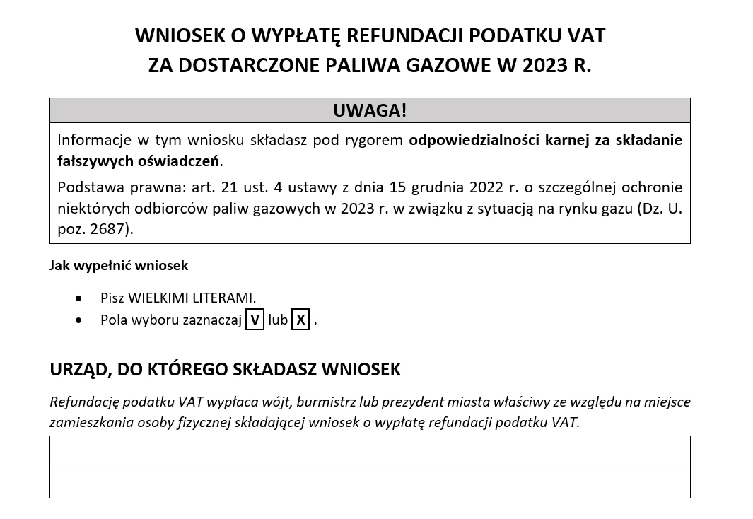 Wzór wniosku o wypłatę refundacji podatku VAT za dostarczone paliwa gazowe w 2023 r