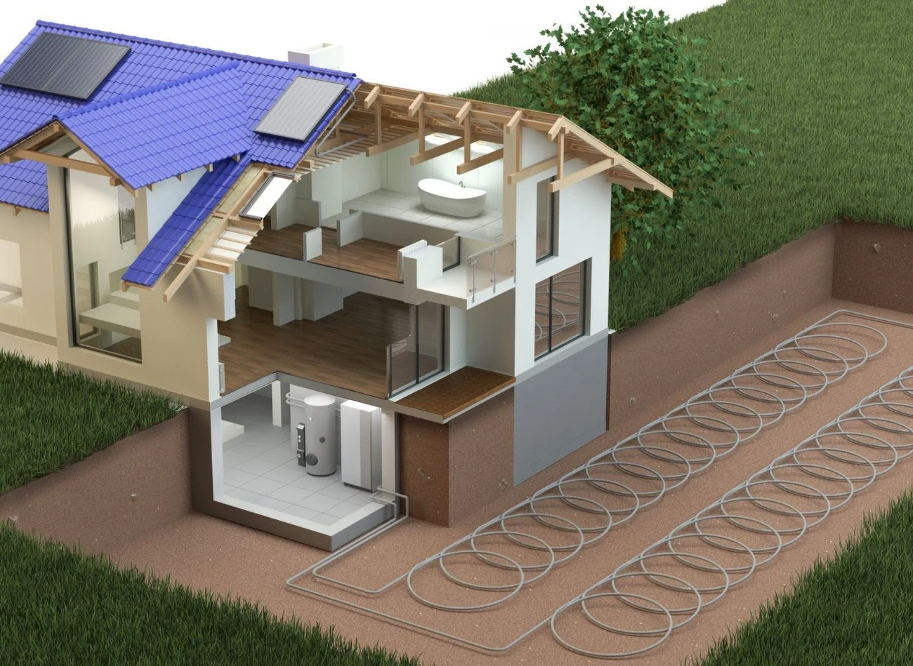 Schemat działania gruntowej pompy ciepła.