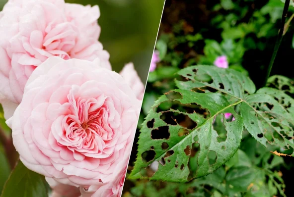 Typowymi objawami żerowania szkodników są wygryzione dziury w liściach róży