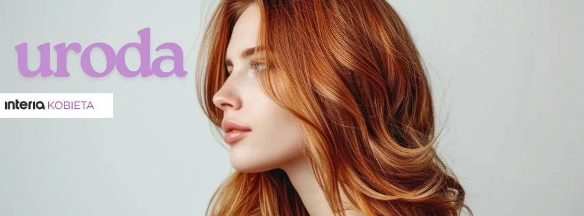 Młoda kobieta o rudych, falowanych włosach spoglądająca w bok na jasnym, neutralnym tle, duży napis 'uroda' oraz logo 'INTERIA KOBIETA' po lewej stronie.