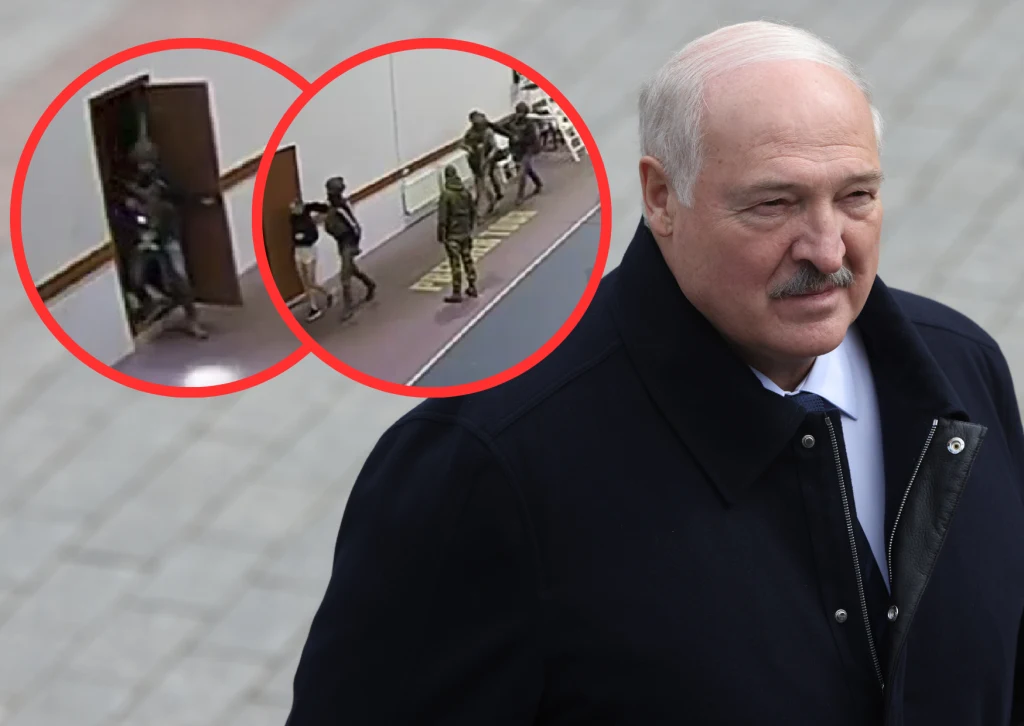 Prezydent Białorusi, która walczy z korupcją w sporcie, także amatorskim - Aleksander Łukaszenka Starszy mężczyzna w czarnym płaszczu, idący po jasnej nawierzchni, po prawej stronie zdjęcia. W lewym górnym rogu dwie sceny w czerwonych okręgach pokazujące wejście uzbrojonych służb mundurowych do budynku.