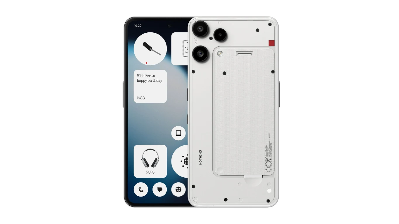 Smartfon Nothing Phone 3a Lite. Smartfon Nothing Phone 2a z wyświetlaczem prezentującym nowoczesny interfejs oraz charakterystycznym przezroczystym panelem tylnym, na którym widoczne są elementy konstrukcyjne oraz podwójny aparat fotograficzny.