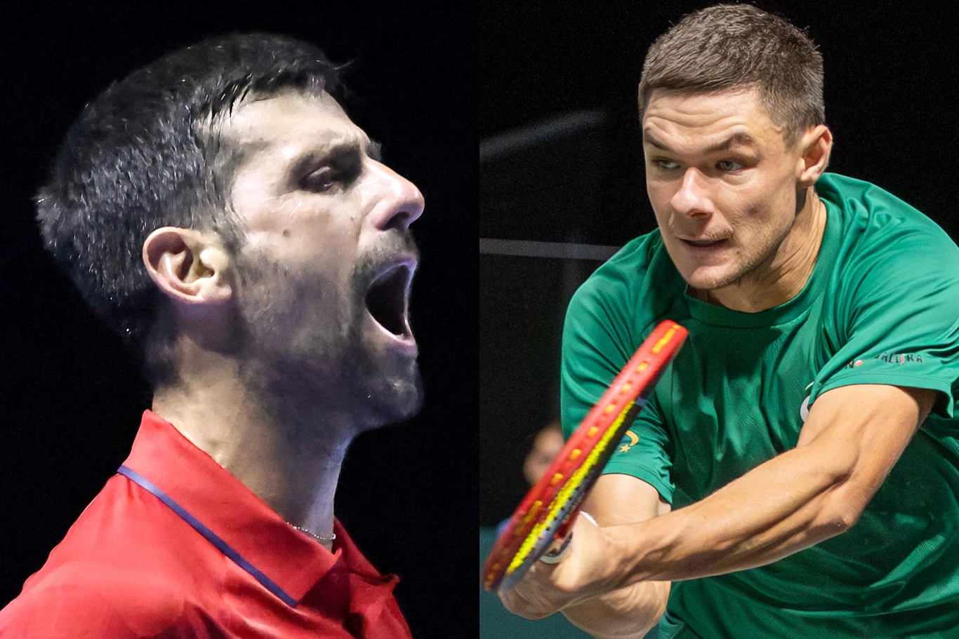 Novak Djoković i Kamil Majchrzak Dwóch mężczyzn podczas gry w tenisa, jeden z nich w czerwonej koszulce wyraża silne emocje, drugi w zielonej skupiony na odbiciu piłki.