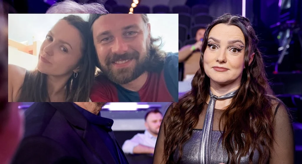 Trzy osoby sfotografowane w studiu telewizyjnym, na pierwszym planie kobieta z długimi ciemnymi włosami i wyrazistym makijażem, w tle widoczna publiczność i scena. W lewym górnym rogu wstawione zdjęcie pary uśmiechniętych ludzi pozującej do selfie.