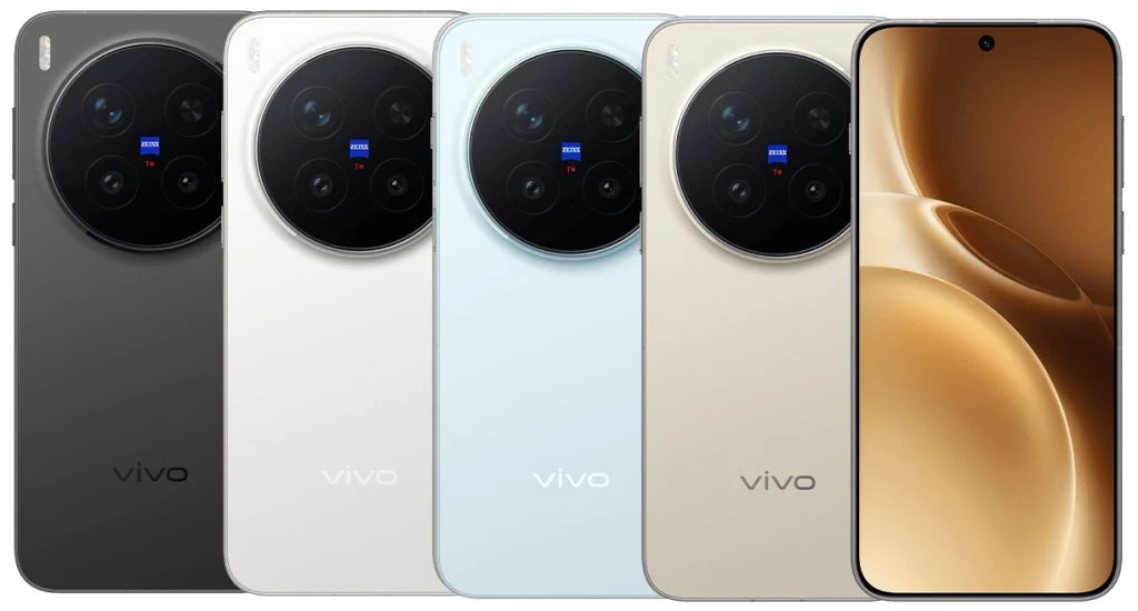 Cztery smartfony marki Vivo w różnych kolorach ustawione obok siebie, widoczny duży okrągły moduł aparatów fotograficznych z tyłu urządzeń, jedno urządzenie pokazuje ekran od przodu.