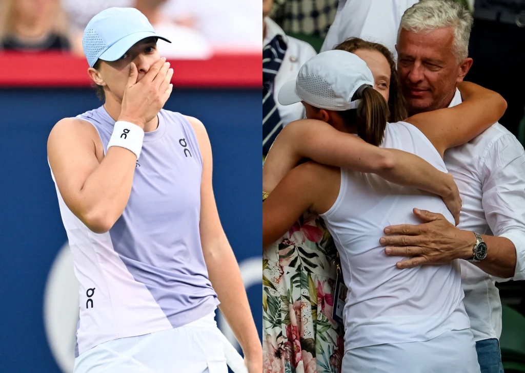 Na zdjęciu Iga Świątek, jej siostra Agata oraz ojciec Tomasz Sportowiec ubrany w jasny strój sportowy i czapkę na głowie wyraża silne emocje, trzymając dłoń przy ustach. Obok widoczny bliski uścisk między tą samą osobą a kilkoma ludźmi, w tym mężczyzną obejmującym ją ręką.