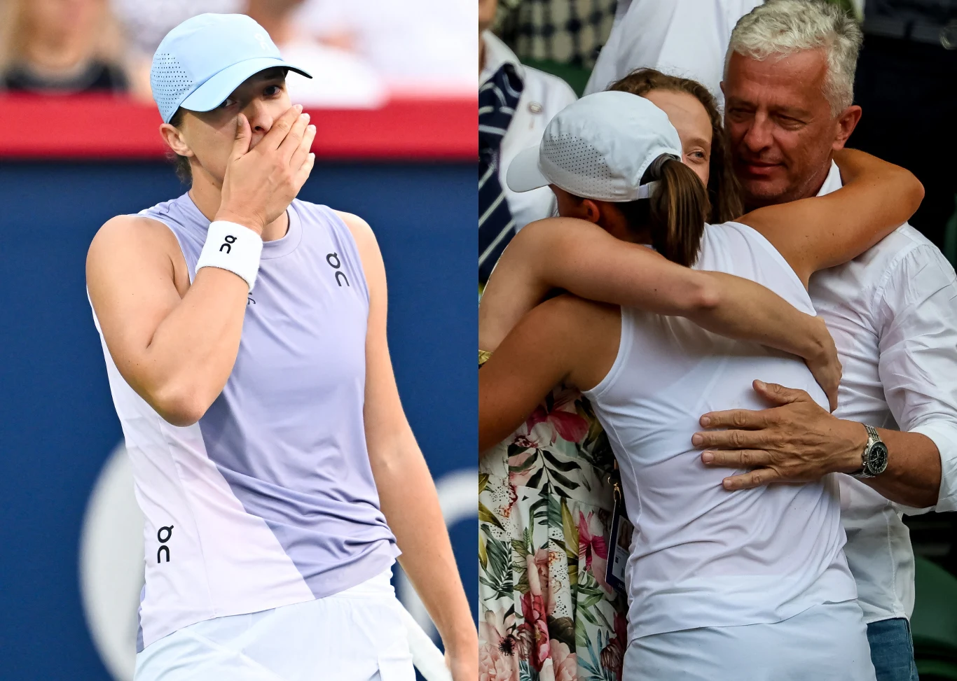 Na zdjęciu Iga Świątek, jej siostra Agata oraz ojciec Tomasz Sportowiec ubrany w jasny strój sportowy i czapkę na głowie wyraża silne emocje, trzymając dłoń przy ustach. Obok widoczny bliski uścisk między tą samą osobą a kilkoma ludźmi, w tym mężczyzną obejmującym ją ręką.