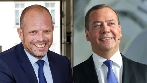 Minister obrony Belgii Theo Francken i przewodniczący Rady Bezpieczeństwa Rosji Dmitrij Miedwiediew