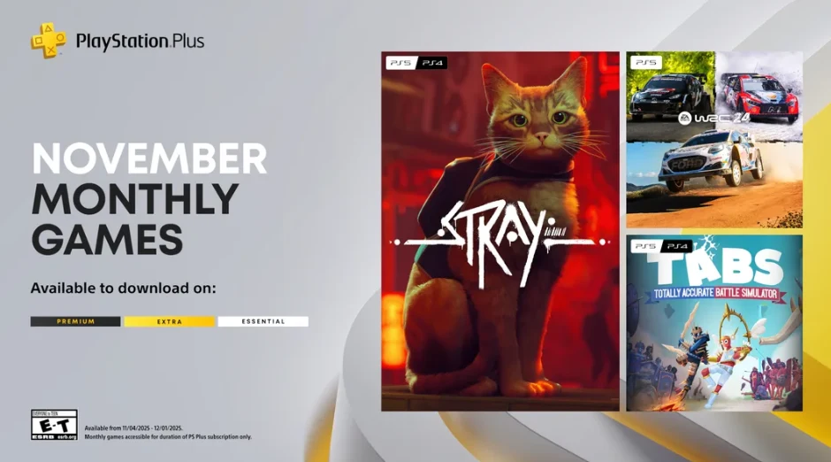 Grafika promocyjna prezentuje ofertę gier na listopad w usłudze PlayStation Plus. Centralnie widoczna okładka gry Stray z kotem na czerwonym tle, po prawej okładki czterech innych gier, w tym samochodowe i symulacyjne. Po lewej stronie znajduje się inf...