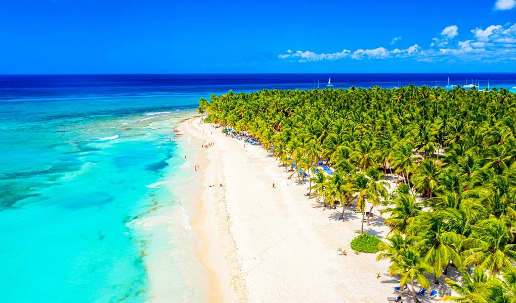 To świetny wybór na egzotyczne wakacje zimą dla par lub osób, które chcą odpocząć od zgiełku kurortów Białe, piaszczyste wybrzeże otoczone gęstym lasem palmowym, turkusowa woda rozciąga się aż po horyzont, na plaży widoczne są spacerujące osoby, a niebo jest całkowicie bezchmurne