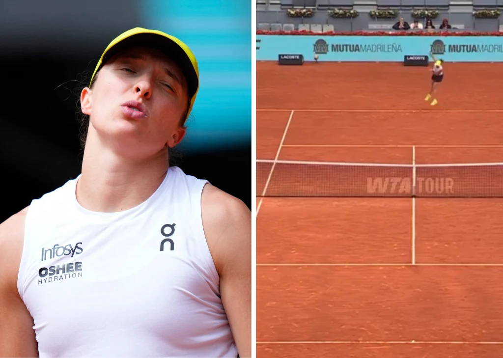 Iga Świątek w akcji Z lewej strony sportowczyni w czapce z daszkiem i białej koszulce, najprawdopodobniej tenisistka, wykonuje wyraz twarzy sugerujący emocje podczas rywalizacji. Po prawej widok na kort tenisowy z zawodniczką przygotowującą się do gry.