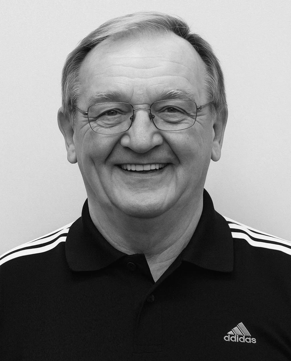 Starszy mężczyzna z okularami, uśmiechnięty, ubrany w czarną koszulkę polo marki Adidas na jasnym tle.