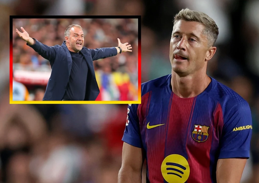 Hansi Flick / Robert Lewandowski Robert Lewandowski, piłkarz FC Barcelony w klubowej koszulce, patrzy przed siebie z poważnym wyrazem twarzy. W lewym górnym rogu kadr z trenerem unoszącym ręce w geście emocji.