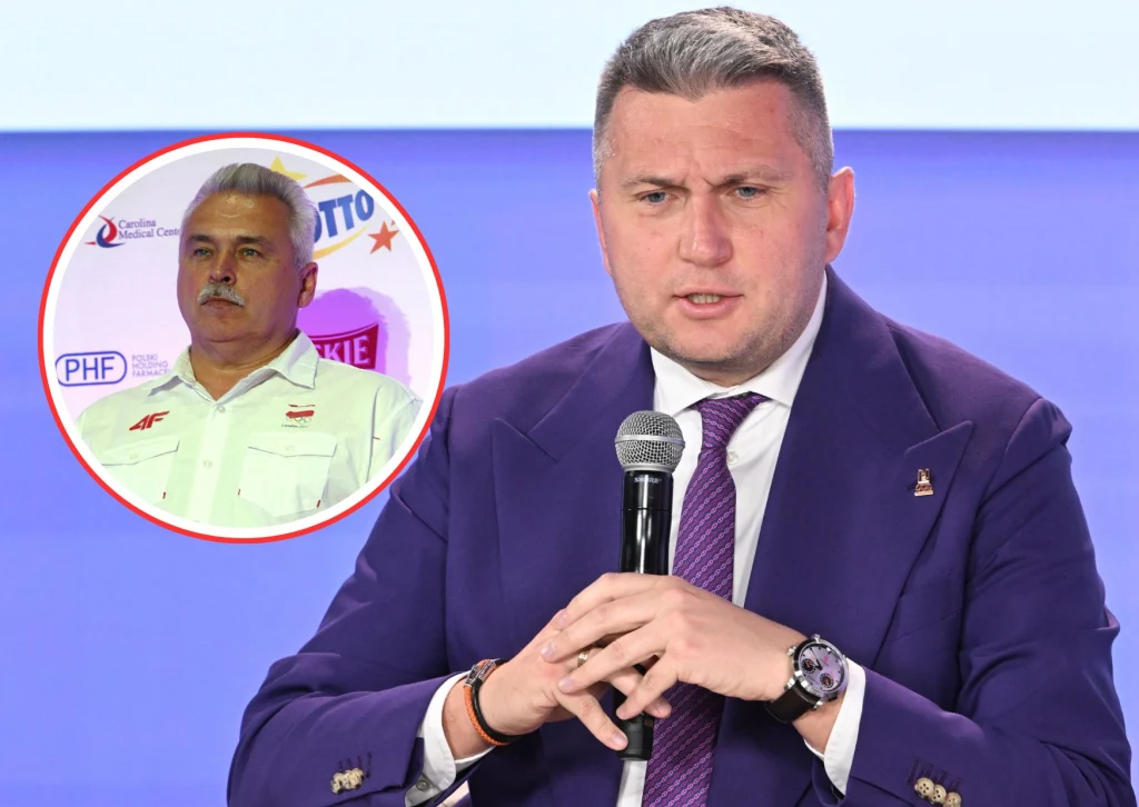 Prezes PKOl Radosław Piesiewicz podczas konferencji prasowej z okazji 100 dni do XXV Zimowych Igrzysk Olimpijskich Mediolan-Cortina 2026 w Lublinie. W kółku rozmówca Interii, prezes Tomasz Kwiecień