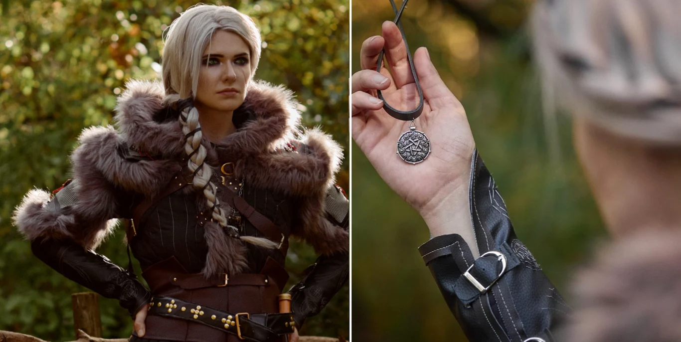 zdjęcia umieszczone w serwisie Instagram @miravale_cosplay Kobieta w stroju inspirowanym postacią fantasy z długą, srebrną, zaplecioną warkoczem peruką i futrzanym kołnierzem, trzymająca ręce na biodrach, na drugim planie zdjęcie naszyjnika z medalionem trzymanego w dłoni.
