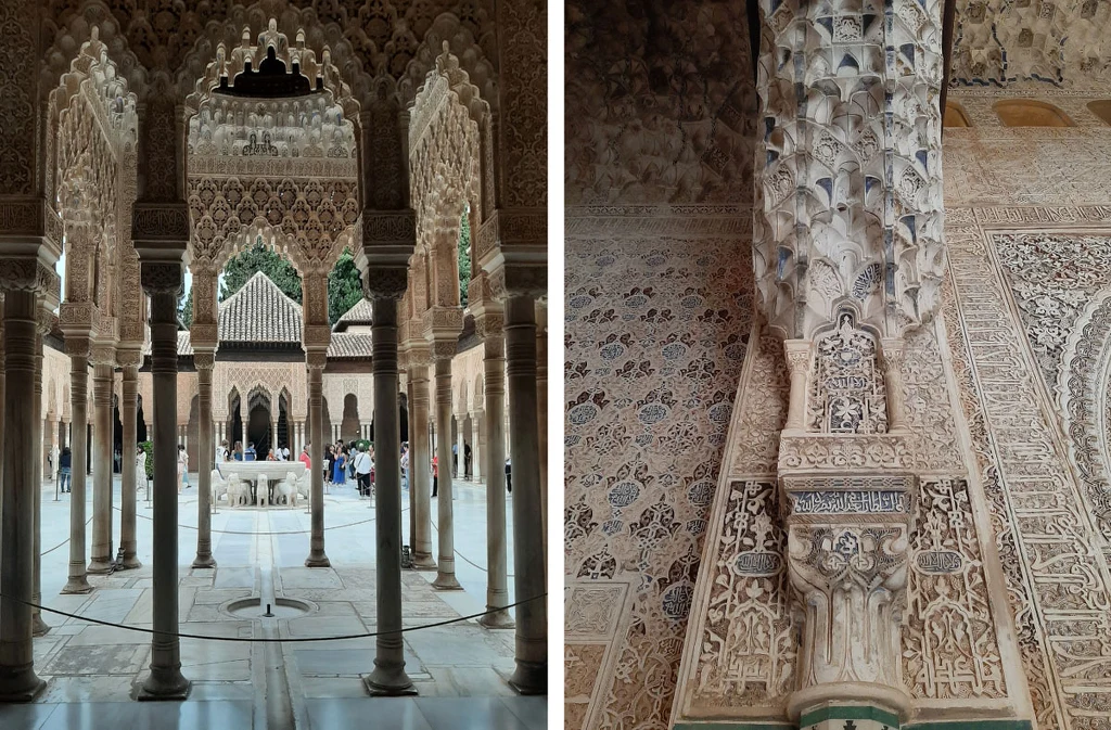 Alhambra. Pałac po porzuceniu przez królów służył jako więzienie. Przez około dwa wieki niszczał i popadał w zapomnienie Kolumnowy krużganek z misternie zdobionymi łukami i kolumnami, w tle widoczna fontanna i grupa ludzi. Obok detal ornamentowy z motywami geometrycznymi i kaligrafią na ścianie oraz kolumnie.