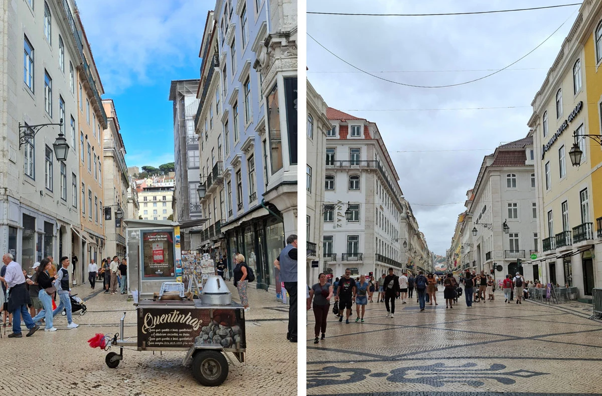 Rua Augusta to najsłynniejsza ulica Lizbony Ulica miejska z historyczną zabudową, licznymi przechodniami oraz wózkiem z przekąskami ustawionym przy jednym z chodników, po lewej stronie widoczne błękitne niebo, po prawej uliczka pełna spacerujących ludzi.