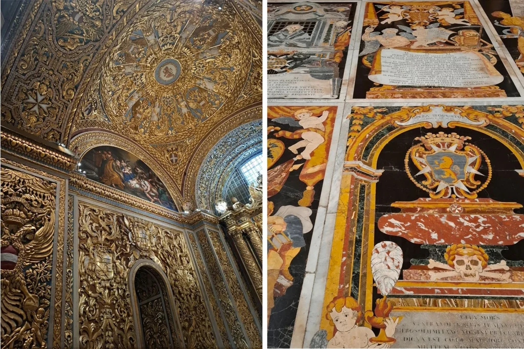 Konkaterdra św. Jana W Valetcie Bogato zdobiony złoty sufit oraz marmurowe płyty z barwnymi rzeźbionymi scenami religijnymi, herbami i inskrypcjami, przedstawiające elementy sakralne i motywy anielskie.