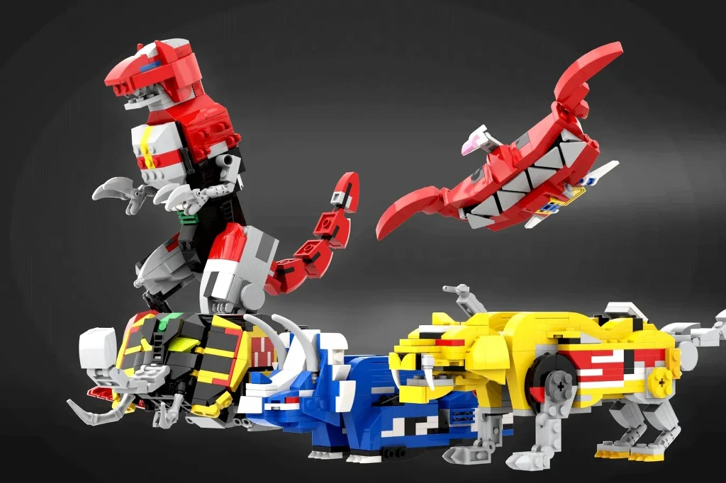 Zestaw LEGO Megazord będzie można prezentować w kilku wariantach Klockowe modele zwierząt-robotów z charakterystycznymi kolorami i kształtami, przypominające kultowe maszyny znane z seriali animowanych, ustawione na neutralnym, ciemnym tle.