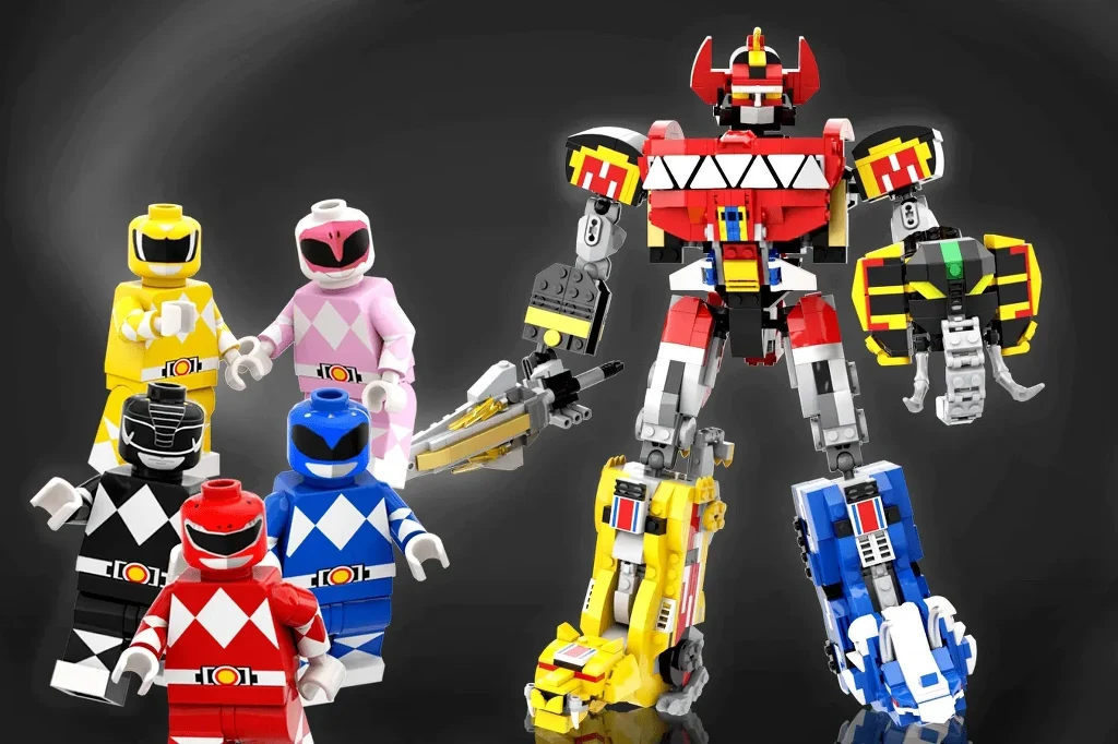 Zestaw Go Go Power Rangers! LEGO Megazord Zestaw figurek inspirowanych popularnymi bohaterami Power Rangers oraz duży robot z klocków LEGO, ubrany w kolorowe elementy, stojący na tle ciemnego tła, wokół niego postacie w różnych, wyrazistych kolorach.