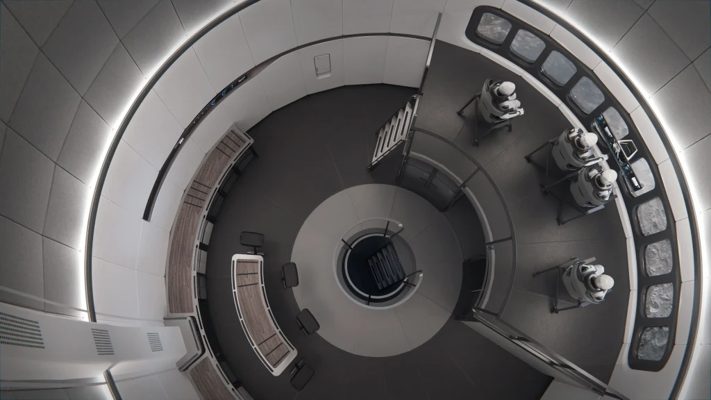 Wnętrze nowoczesnego statku kosmicznego z okrągłymi ścianami, rozmieszczonymi wokół centralnego wejścia siedzeniami dla załogi w skafandrach. Minimalistyczny, futurystyczny wystrój z oświetleniem LED oraz panoramicznymi oknami przy jednym z boków.