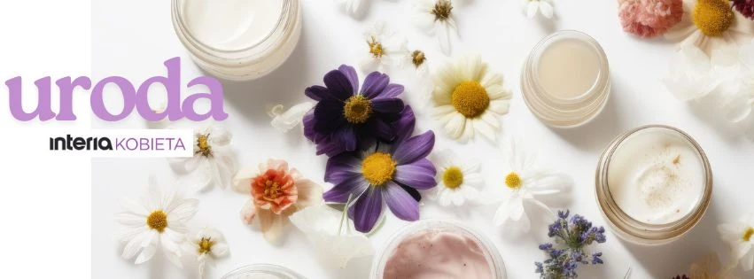 Odkryj tajniki pielęgnacji i poczuj się piękna każdego dnia Różnokolorowe kwiaty i słoiczki kosmetyczne ustawione na jasnym tle, obok napis 'uroda' oraz logo 'interia kobieta'.