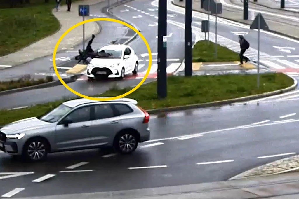 Rozpędzony rowerzysta wpadł na samochód. Zderzenie wyglądało dramatycznie