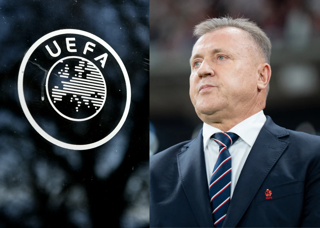 Polska może zorganizować finał Ligi Konferencji w 2028 lub 2029 roku Logo UEFA na przezroczystej powierzchni po lewej stronie oraz mężczyzna w garniturze i krawacie, stojący na stadionie po prawej stronie.