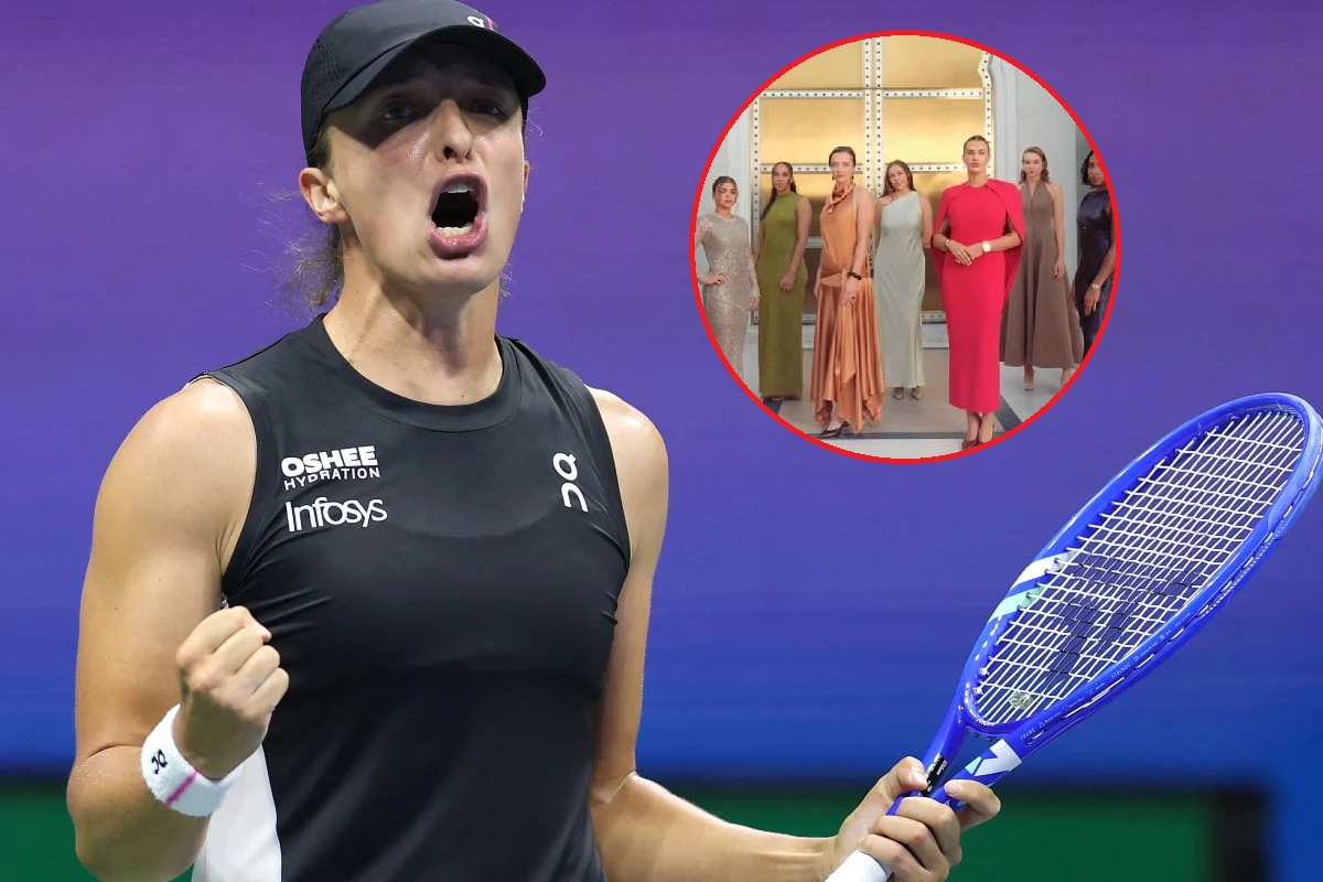 Świątek, Sabalenka, WTA Finals Tenisistka w stroju sportowym z rakietą w jednej ręce wykonuje gest triumfu, tło w odcieniach fioletu. W górnym rogu zdjęcia umieszczono okrągłą wstawkę z grupą kobiet ubranych w eleganckie suknie w różnych kolorach, stojących przed jasnym tłem.