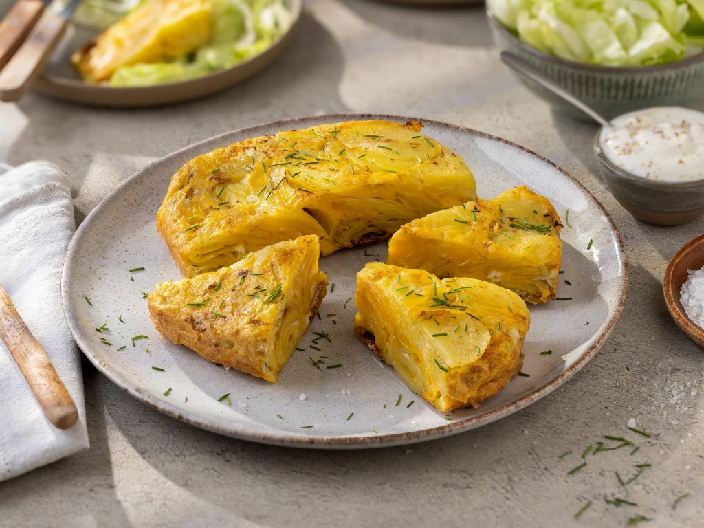Ziemniaki są wdzięcznym składnikiem, który potrafi przemienić się w coś zupełnie nowego, na przykład puszysty omlet po hiszpańsku Pokrojona tortilla ziemniaczana na talerzu, posypana świeżymi ziołami, w tle miseczka z sałatą i sól morska.