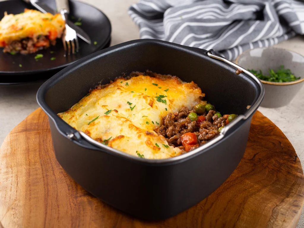 Przed podaniem czekamy kilka minut, by zapiekanka przestygła i stężała Gorąca zapiekanka z warstwą serowo-ziemniaczaną na wierzchu, pod którą znajduje się mieszanka mielonego mięsa, groszku i marchewki, w czarnym żaroodpornym naczyniu na drewnianej desce, w tle porcja dania na talerzu.