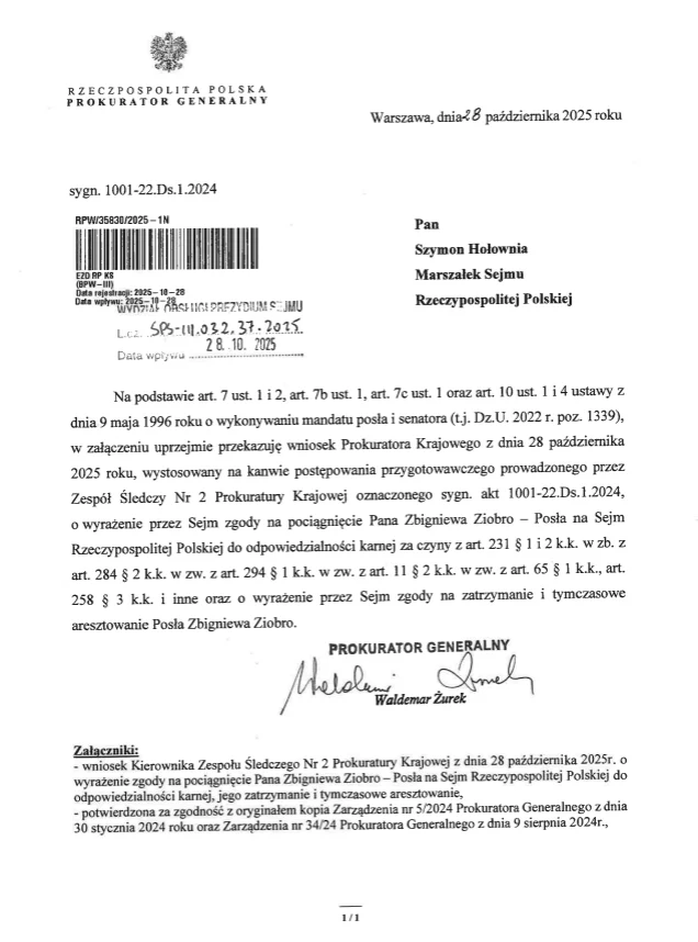 Wniosek o uchylenie immunitetu Zbigniewowi Ziobrze Oficjalny dokument wydany przez Prokuraturę Krajową zawierający podpis i pieczęć, skierowany do Marszałka Sejmu, dotyczący postępowania prowadzonego wobec posła.