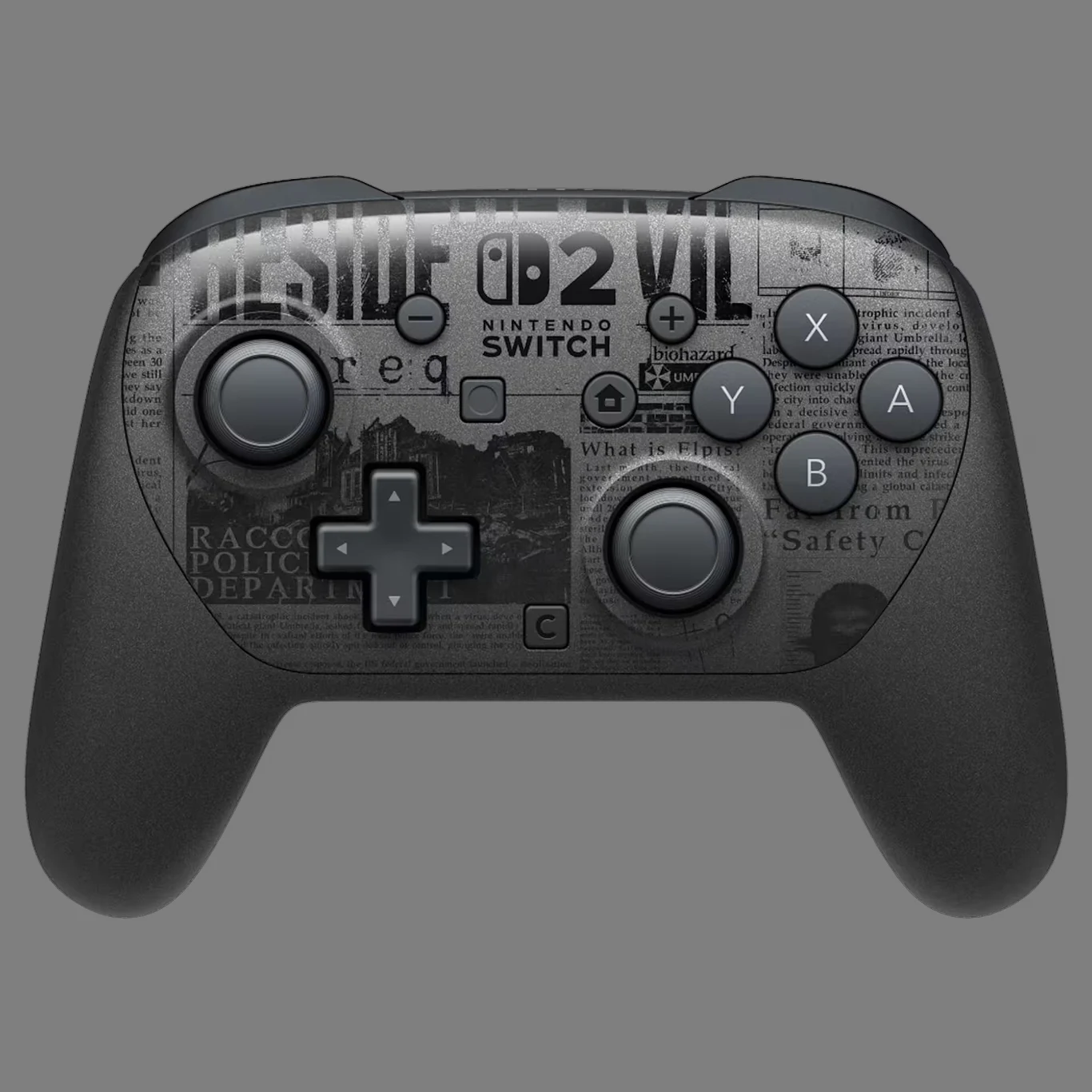 Kontroler do konsoli Nintendo Switch z czarno-szarym wzorem inspirowanym motywami z gry Resident Evil, widoczne napisy i elementy graficzne nawiązujące do motywu gry.